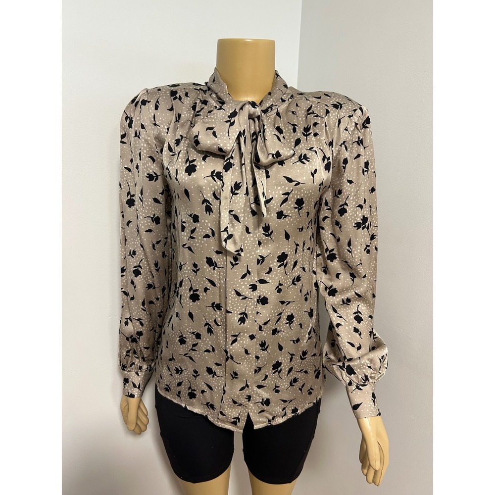 Knot Sisters Womens Taupe Black Floral Bow Tie Neck Viscose Blouse KSHO18T30 M